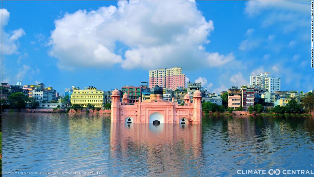 Ảnh minh hoạ mực nước biển dự kiến tại Lalbagh Fort ở Dhaka, Bangladesh do hiện tượng ấm lên toàn cầu mà con người gây ra. Ảnh gốc: Syedsazzadulhoque/Climate Central