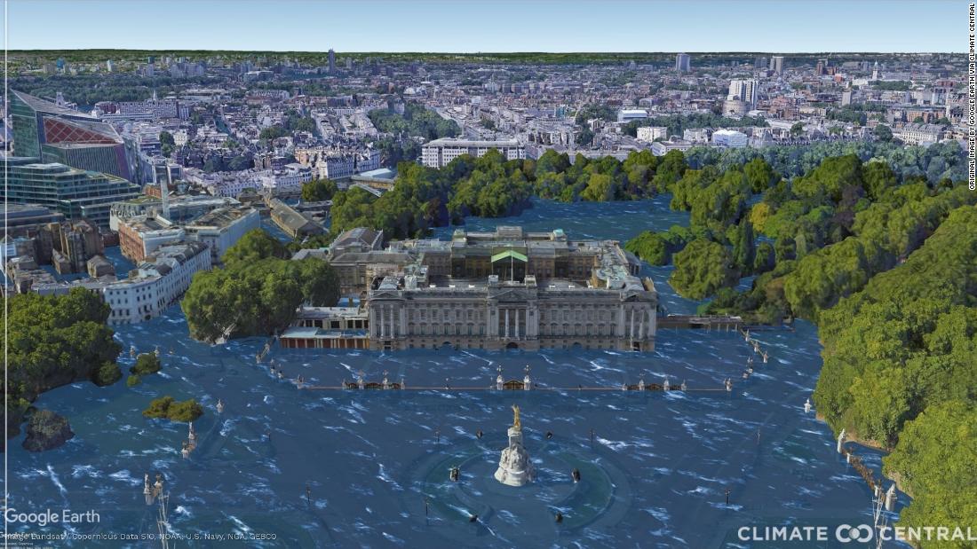 Cung điện Buckingham ở London ngày nay và diện mạo của nó khi mực nước biển dâng do ấm lên toàn cầu. Ảnh gốc: Google Earth/Climate Central