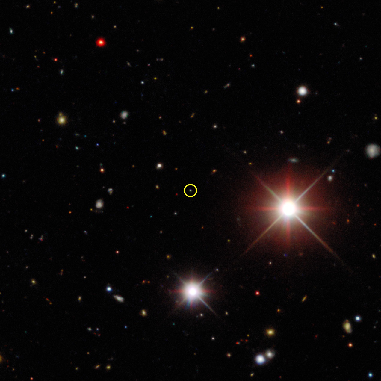 Bức ảnh kết hợp từ Khảo cứu Năng lượng tối này chụp sao chổi Bernardinelli-Bernstein (khoanh vàng) tháng 10/2017, khi nó đang cách 25 đơn vị thiên văn (AU). Ảnh: Khảo cứu Năng lượng tối/DOE/FNAL/DECam/CTIO/NOIRLab/NSF/AURA/P. Bernardinelli & G. Bernstein (UPenn)/DESI Legacy Imaging Surveys