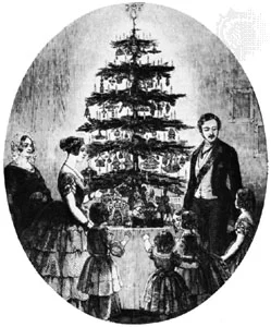 Vương tế Albert, nữ vương Victoria và gia đình hoàng gia Anh tề tựu bên cây thông Giáng sinh tại lâu đài Windsor, từ toà báo Illustrated London News, năm 1848. Ảnh: J.R. Freeman & Co. Ltd.