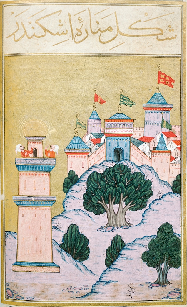 Ngọn hải đăng xuất hiện trong một bức tranh tiểu hoạ của Ottoman năm 1582 trong Phúc Thư của Muhammad ibn Amir Hasan al-Su’udi. Vào thời điểm của bức hoạ này, kiến trúc ban đầu đã không còn lại gì. Ảnh: AKG/ALBUM.
