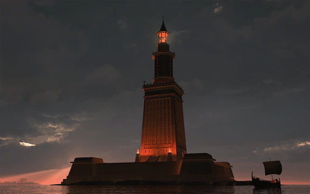 Một bức hoạ thế kỷ 20 vẽ hải đăng Alexandria đang rực sáng lúc chạng vạng. Ảnh: MYERS/BRIDGEMAN/ACI.