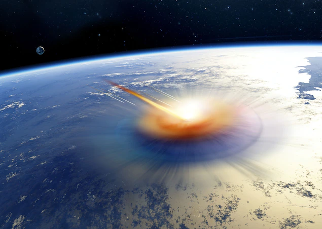Vụ va chạm với tiểu hành tinh khoảng 66 triệu năm trước đã vĩnh viễn thay đổi quỹ đạo sự sống trên Trái Đất. Các nhà khoa học ngày nay đã dùng các mảnh vỡ cổ xưa để đo nhiệt độ nóng rực của bụi khí phát tán từ địa điểm va chạm. Tranh minh hoạ của Detlev Van Ravenswaay.