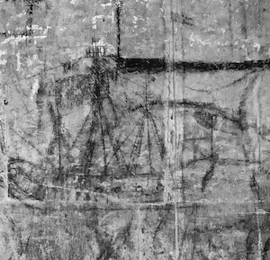 GRAFFITI Một bức vẽ từ thế kỷ 17 về một con tàu của Công ty Đông Ấn Hà Lan được tìm thấy trên tường của lối đi chính dẫn vào Angkor Wat. Ảnh: V. Walker.