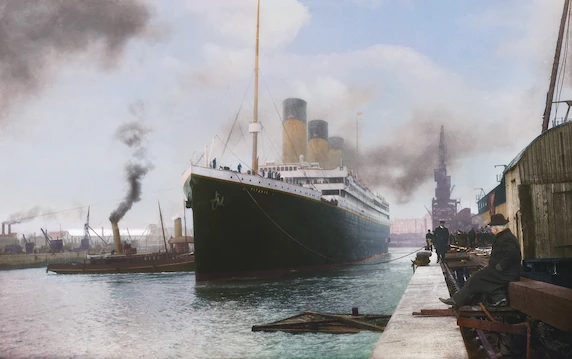 Trong bức ảnh được hoạ sĩ Anton Logvynenko tô màu này, tàu Titanic ra khơi từ cảng Southampton, Anh. Ảnh: Anton Logvynenko.