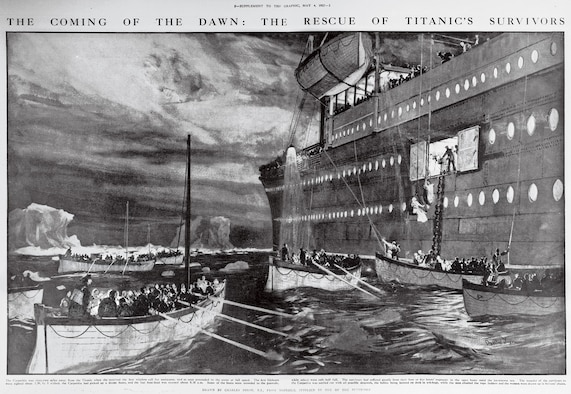 Tranh minh hoạ cảnh tàu Carpathia đến giải cứu những người sống sót trên tàu cứu sinh Titanic. Ảnh: Hulton Archive/Getty Images.
