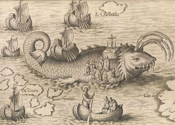 Thánh Brendan, một tu sĩ Thiên Chúa Giáo thời kỳ đầu, cũng là tên của một hòn đảo không tồn tại ở Bắc Đại Tây Dương (ở giữa bên phải, gần phía trên). Người ta cũng cho rằng ông từng làm thánh lễ trên lưng một con cá voi, như trong tấm bản đồ năm 1621 này.