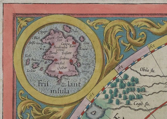 Gerhard Mercator đưa vào một tiểu đồ bản hình tròn của mình vẽ đảo Frisland, có đầy đủ một số thị trấn không tồn tại, trên tấm bản đồ năm 1595 về khu vực quanh Bắc Cực.