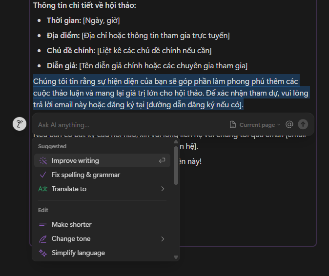 Các tùy chọn xử lý trong ask AI của Notion.png Các tùy chọn xử lý trong ask AI của Notion.png