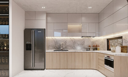 Bếp chung cư phong cách hiện đại với tủ Acrylic sáng bóng