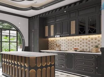 Phòng bếp phong cách Indochine với chi tiết gỗ và mây tre đan