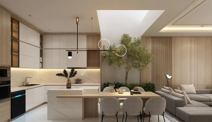 Không gian bếp liền phòng khách với tông màu đồng nhất