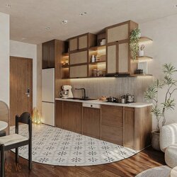 Không gian phòng khách và bếp thiết kế mở trong căn hộ chung cư 70m²
