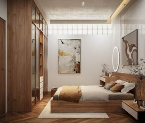 Không gian phòng ngủ chung cư mini với ánh sáng vàng nhẹ