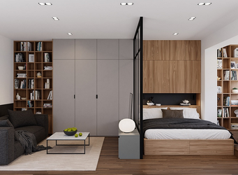 Thiết kế căn hộ Studio 30m² sử dụng vách lam gỗ hở để phân chia ước lệ khu vực ngủ và phòng khách