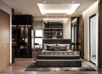 Phòng ngủ master chung cư 105m² với tủ quần áo lớn và khu vực bàn trang điểm/làm việc riêng