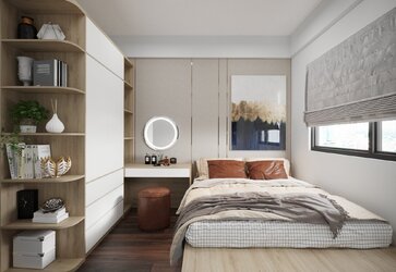 Phòng ngủ chung cư 45m2 sử dụng giường bục có ngăn kéo lớn bên dưới và tủ quần áo kịch trần màu gỗ sáng