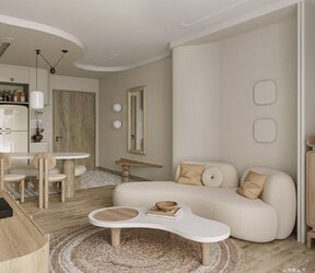 Không gian phòng khách và bếp được thiết kế không gian mở