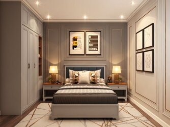 Thiết kế phòng ngủ Master chung cư 90m2 ấm cúng, đầy đủ tiện nghi với tủ áo kịch trần.