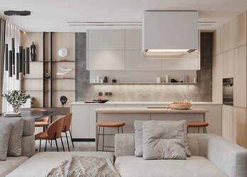 Đảo bếp lớn ốp đá làm ranh giới ước lệ, phân chia khu vực phòng khách liền bếp chung cư tinh tế mà vẫn giữ được sự kết nối.