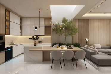 Sử dụng đèn thả trần phía trên bàn ăn và đèn ray trượt phòng khách để phân định khu vực cho phòng khách bếp không gian mở.