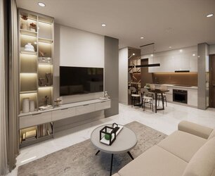 Phòng khách liền bếp chung cư