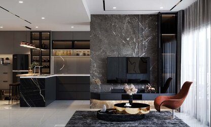 Phòng khách phong cách hiện đại với bộ sofa da màu ghi và vách ốp đá sau tivi