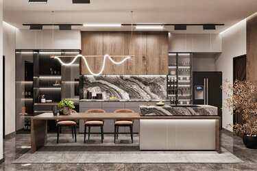 Không gian bếp và bàn ăn phong cách tối giản, sử dụng gỗ màu sáng.