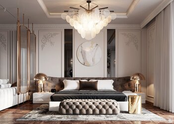 Phòng ngủ Master phong cách tân cổ điển với vách đầu giường bọc nệm và phào chỉ tường.