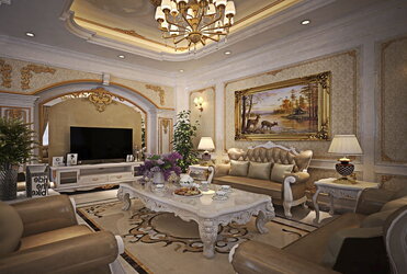 Phòng khách Tân cổ điển với tông màu trắng kem và nội thất dát vàng nhẹ nhàng.