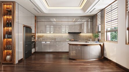 Khu bếp sang trọng với hệ tủ rượu cánh kính đèn led và bàn đảo đá Marble.