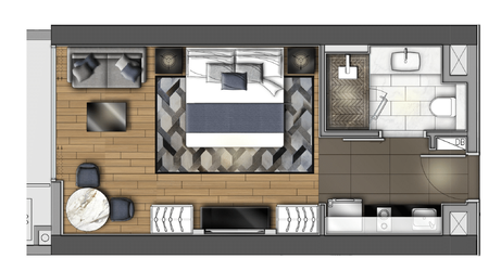 Sơ đồ mặt bằng điển hình của một căn Studio: Mọi công năng nằm trên một mặt sàn không vách ngăn.