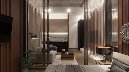 Sử dụng vách kính lùa giúp căn Studio sang trọng và thoáng đãng hơn.