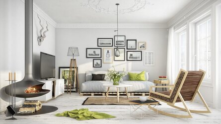 Thiết kế phòng khách chung cư theo phong thủy có sofa dựa tường vững chãi đón ánh sáng tự nhiên