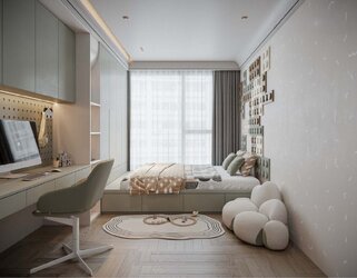 Giường ngủ được đặt lệch so với cửa ra vào và tránh dầm ngang giúp giấc ngủ sâu hơn.