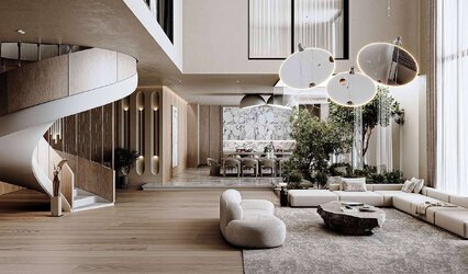 Cầu thang xoắn ốc nghệ thuật với lan can kính cong mềm mại, tạo điểm nhấn cho phòng khách Duplex.