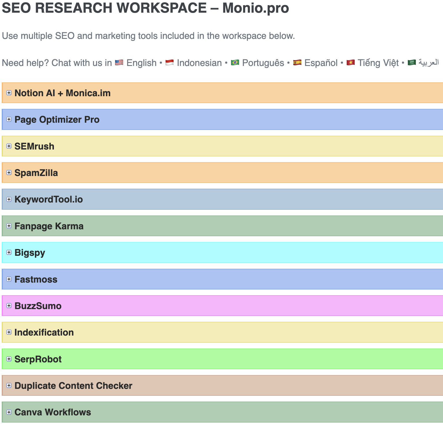 SEMrush, KeywordTool.io, BigSpy, BuzzSumo, Monica AI.png
